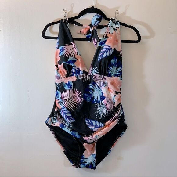 DKNY Swimsuit Black Hawaiian Floral Deep Cut Padded Rouched Tummy Sz Large NWOT - Picture 1 of 8